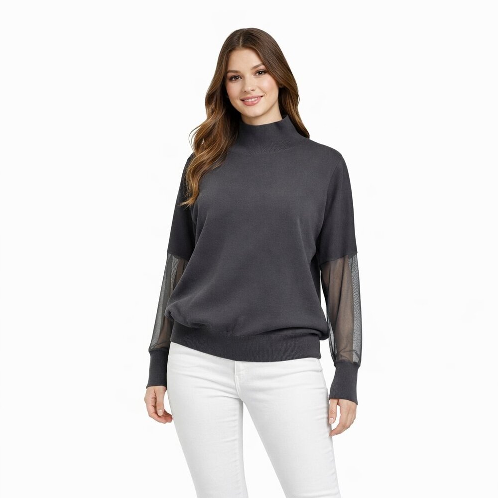 Fabiana Filippi grey suede wool sheer sleeves turtleneck sweater size XL